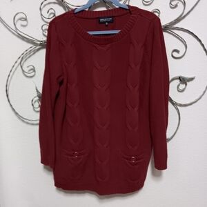 JONES NEW YORK SIGNATURE WOMAN burgundy cotton cable knit sweater, 1X